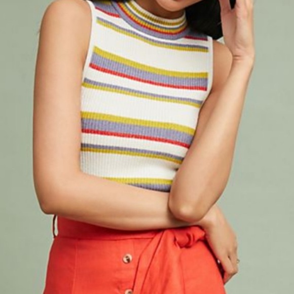 Moth Anthropologie Mock Neck Linen Blend Ribbed Tank Top XS - Picture 2 of 8